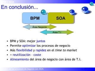 En conclusión... BPM + SOA Área Negocio Area T.I BPM y SOA: mejor  juntos Permite  optimizar  los procesos de negocio Más  flexibilidad  y  rapidez  en el  time to market +  reutilización  –  coste Alineamiento  del área de negocio con área de T.I. BPM SOA 