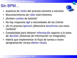 Ausencia de  visión  del proceso extremo a extremo Desconocimiento de  roles  intervinientes ¿Existen  cuellos  de botella? No hay respuesta  ágil  a necesidades de los cliente ¿Es mi proceso  óptimo ? ¿Obtendría  beneficios  con estos cambios? Complejidad para obtener  información  soporte a la toma de  decisión  (Sistemas de Información no integrados) Habría que implementar el flujo de tareas a mano (programación  versus   diseño visual ) Sin BPM… BPM Business Process Management   