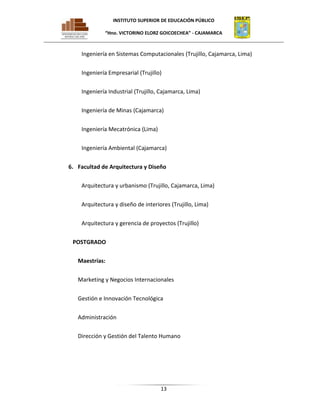 INSTITUTO SUPERIOR DE EDUCACIÓN PÚBLICO
“Hno. VICTORINO ELORZ GOICOECHEA” - CAJAMARCA

Ingeniería en Sistemas Computacionales (Trujillo, Cajamarca, Lima)
Ingeniería Empresarial (Trujillo)
Ingeniería Industrial (Trujillo, Cajamarca, Lima)
Ingeniería de Minas (Cajamarca)
Ingeniería Mecatrónica (Lima)
Ingeniería Ambiental (Cajamarca)
6. Facultad de Arquitectura y Diseño
Arquitectura y urbanismo (Trujillo, Cajamarca, Lima)
Arquitectura y diseño de interiores (Trujillo, Lima)
Arquitectura y gerencia de proyectos (Trujillo)
POSTGRADO
Maestrías:
Marketing y Negocios Internacionales
Gestión e Innovación Tecnológica
Administración
Dirección y Gestión del Talento Humano

13

 