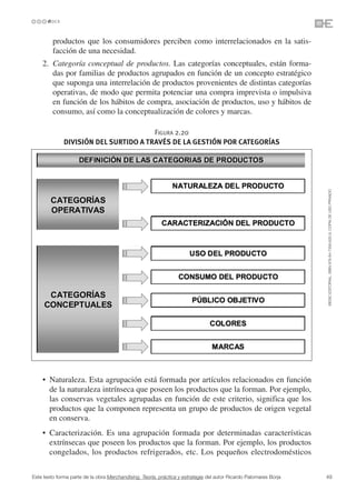 productos que los consumidores perciben como interrelacionados en la satis-
         facción de una necesidad.
    2. Categoría conceptual de productos. Las categorías conceptuales, están forma-
       das por familias de productos agrupados en función de un concepto estratégico
       que suponga una interrelación de productos provenientes de distintas categorías
       operativas, de modo que permita potenciar una compra imprevista o impulsiva
       en función de los hábitos de compra, asociación de productos, uso y hábitos de
       consumo, así como la conceptualización de colores y marcas.

                                       FIGURA 2.20
              DIVISIÓN DEL SURTIDO A TRAVÉS DE LA GESTIÓN POR CATEGORÍAS




                                                                                                                   ©ESIC EDITORIAL. ISBN 978-84-7356-620-9. COPIA DE USO PRIVADO




    • Naturaleza. Esta agrupación está formada por artículos relacionados en función
      de la naturaleza intrínseca que poseen los productos que la forman. Por ejemplo,
      las conservas vegetales agrupadas en función de este criterio, significa que los
      productos que la componen representa un grupo de productos de origen vegetal
      en conserva.
    • Caracterización. Es una agrupación formada por determinadas características
      extrínsecas que poseen los productos que la forman. Por ejemplo, los productos
      congelados, los productos refrigerados, etc. Los pequeños electrodomésticos

Este texto forma parte de la obra Merchandising. Teoría, práctica y estrategia del autor Ricardo Palomares Borja   49
 
