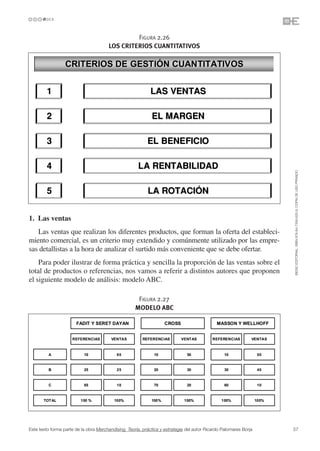 FIGURA 2.26
                                       LOS CRITERIOS CUANTITATIVOS




                                                                                                                   ©ESIC EDITORIAL. ISBN 978-84-7356-620-9. COPIA DE USO PRIVADO
1. Las ventas
   Las ventas que realizan los diferentes productos, que forman la oferta del estableci-
miento comercial, es un criterio muy extendido y comúnmente utilizado por las empre-
sas detallistas a la hora de analizar el surtido más conveniente que se debe ofertar.
    Para poder ilustrar de forma práctica y sencilla la proporción de las ventas sobre el
total de productos o referencias, nos vamos a referir a distintos autores que proponen
el siguiente modelo de análisis: modelo ABC.

                                                      FIGURA 2.27
                                                     MODELO ABC




Este texto forma parte de la obra Merchandising. Teoría, práctica y estrategia del autor Ricardo Palomares Borja   57
 