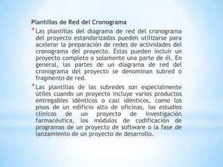 Plantillas de Red del CronogramaLas plantillas del diagrama de red del cronograma del proyecto estandarizadas pueden utilizarse para acelerar la preparación de redes de actividades del cronograma del proyecto. Éstas pueden incluir un proyecto completo o solamente una parte de él. En general, las partes de un diagrama de red del cronograma del proyecto se denominan subred o fragmento de red. Las plantillas de las subredes son especialmente útiles cuando un proyecto incluye varios productos entregables idénticos o casi idénticos, como los pisos de un edificio alto de oficinas, los estudios clínicos de un proyecto de investigación farmacéutica, los módulos de codificación de programas de un proyecto de software o la fase de lanzamiento de un proyecto de desarrollo.
