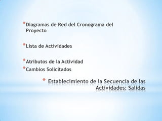 Establecimiento de la Secuencia de las Actividades: SalidasDiagramas de Red del Cronograma del ProyectoLista de ActividadesAtributos de la ActividadCambiosSolicitados