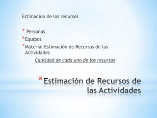 Estimación de Recursos de las Actividades Estimacion de los recursos PersonasEquiposMaterial Estimación de Recursos de las Actividades 	Cantidad de cada uno de los recursos 