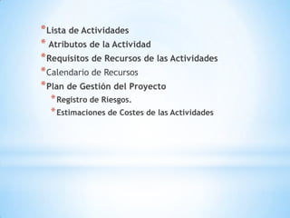 Lista de ActividadesAtributos de la ActividadRequisitos de Recursos de las ActividadesCalendario de RecursosPlan de Gestión del ProyectoRegistro de Riesgos.Estimaciones de Costes de las Actividades