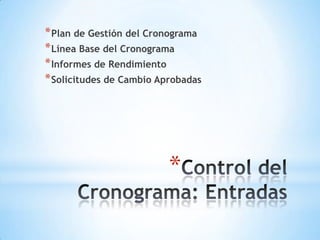 Control del Cronograma: EntradasPlan de Gestión del CronogramaLínea Base del CronogramaInformes de RendimientoSolicitudes de Cambio Aprobadas