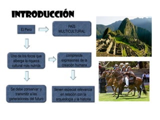 El Perú
PAÍS
MULTICULTURAL
Uno de los focos que
alberga la riqueza
cultural más nutrida
comprende
expresiones de la
creación humana
tienen especial relevancia
en relación con la
arqueología y la historia
Se debe conservar y
transmitir a las
generaciones del futuro
 