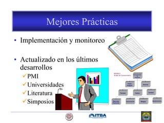 Recursos
Humanos
Comunicación Abastecimiento
Riesgos
MODELO
Areas de Conocimiento
Gerenciamiento
de
Proyectos
Alcance
Visión
Integral
Calidad
Costos
Tiempos
Mejores Prácticas
• Implementación y monitoreo
• Actualizado en los últimos
desarrollos
PMI
Universidades
Literatura
Simposios
 