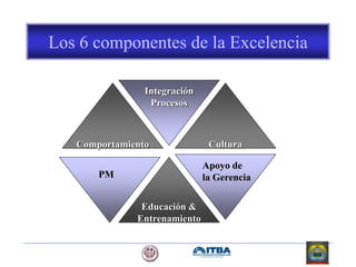 Los 6 componentes de la Excelencia
Educación &
Entrenamiento
Cultura
Integración
Procesos
Comportamiento
PM
Apoyo de
la Gerencia
 