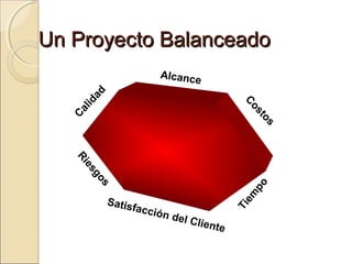 Un Proyecto Balanceado
os
st
Co

Ca
lid

ad

Alcance

facci
ó

n del

Ti
em

po

s
go
es
Ri

Satis

Clien
te

 