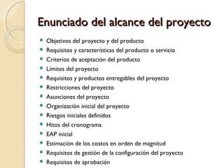 Enunciado del alcance del proyecto















Objetivos del proyecto y del producto
Requisitos y características del producto o servicio
Criterios de aceptación del producto
Límites del proyecto
Requisitos y productos entregables del proyecto
Restricciones del proyecto
Asunciones del proyecto
Organización inicial del proyecto
Riesgos iniciales definidos
Hitos del cronograma
EAP inicial
Estimación de los costos en orden de magnitud
Requisitos de gestión de la configuración del proyecto
Requisitos de aprobación

 