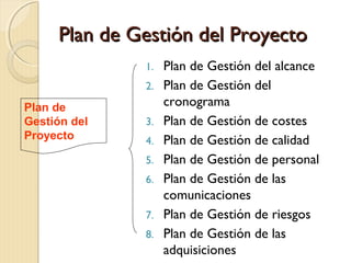 Plan de Gestión del Proyecto
1.
2.

Plan de
Gestión del
Proyecto

3.
4.
5.
6.
7.
8.

Plan de Gestión del alcance
Plan de Gestión del
cronograma
Plan de Gestión de costes
Plan de Gestión de calidad
Plan de Gestión de personal
Plan de Gestión de las
comunicaciones
Plan de Gestión de riesgos
Plan de Gestión de las
adquisiciones

 