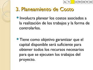 AL TI CO CA RH CM RI AD

3. Planeamiento de Costo
Involucra

planear los costos asociados a
la realización de los trabajos y la forma de
controlarlos.

Tiene

como objetivo garantizar que el
capital disponible será suficiente para
obtener todos los recursos necesarios
para que se ejecuten los trabajos del
proyecto.

 