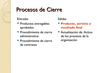 Procesos de Cierre
Entradas
 Productos entregables
aprobados
 Procedimiento de cierre
administrativo
 Procedimiento de cierre
de contratos

Salidas
 Producto, servicio o
resultado final
 Actualización de: Activo
de los procesos de la
organización

 