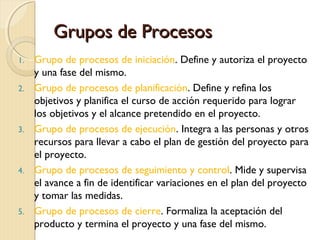 Grupos de Procesos
1.
2.

3.

4.

5.

Grupo de procesos de iniciación. Define y autoriza el proyecto
y una fase del mismo.
Grupo de procesos de planificación. Define y refina los
objetivos y planifica el curso de acción requerido para lograr
los objetivos y el alcance pretendido en el proyecto.
Grupo de procesos de ejecución. Integra a las personas y otros
recursos para llevar a cabo el plan de gestión del proyecto para
el proyecto.
Grupo de procesos de seguimiento y control. Mide y supervisa
el avance a fin de identificar variaciones en el plan del proyecto
y tomar las medidas.
Grupo de procesos de cierre. Formaliza la aceptación del
producto y termina el proyecto y una fase del mismo.

 