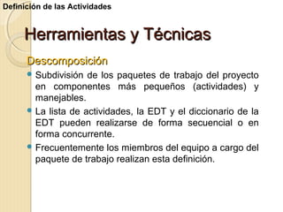 Definición de las Actividades

Herramientas y Técnicas
Descomposición
 Subdivisión

de los paquetes de trabajo del proyecto
en componentes más pequeños (actividades) y
manejables.
 La lista de actividades, la EDT y el diccionario de la
EDT pueden realizarse de forma secuencial o en
forma concurrente.
 Frecuentemente los miembros del equipo a cargo del
paquete de trabajo realizan esta definición.

 