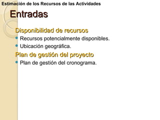Estimación de los Recursos de las Actividades

Entradas
Disponibilidad de recursos
 Recursos

potencialmente disponibles.
 Ubicación geográfica.

Plan de gestión del proyecto
 Plan

de gestión del cronograma.

 
