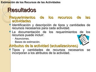 Estimación de los Recursos de las Actividades

Resultados
Requerimientos
actividades

de

los

recursos

de

las

 Identificación

y descripción de tipos y cantidades de
recursos necesarios para cada actividad.
 La documentación de los requerimientos de los
recursos puede incluir:
◦ Asunciones.
◦ Bases de estimación.

Atributos de la actividad (actualizaciones)
 Tipos

y cantidades de recursos necesarios se
incorporan a los atributos de la actividad.

 