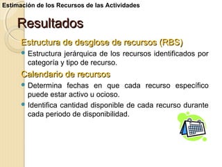 Estimación de los Recursos de las Actividades

Resultados
Estructura de desglose de recursos (RBS)
 Estructura

jerárquica de los recursos identificados por
categoría y tipo de recurso.

Calendario de recursos
 Determina

fechas en que cada recurso específico
puede estar activo u ocioso.
 Identifica cantidad disponible de cada recurso durante
cada periodo de disponibilidad.

 