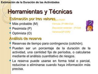 Estimación de la Duración de las Actividades

Herramientas y Técnicas
Estimación por tres valores PERT:
Según
 Más

probable (M)
 Pesimista (P)
 Optimista (O)

Fórmula: (P+4M+O)/6
Desviación estándar: (P-O)/6
Varianza:[(P-O)/6]2

Análisis de reserva
 Reservas

de tiempo para contingencia (colchón).
 Pueden ser un porcentaje de la duración de la
actividad, una cantidad fija de períodos, o calcularse
mediante el análisis cuantitativo de riesgos.
 La reserva puede usarse en forma total o parcial,
reducirse o eliminarse cuando haya información más
precisa.

 