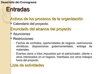 Desarrollo del Cronograma

Entradas
Activos de los procesos de la organización
 Calendario

del proyecto.

Enunciado del alcance del proyecto
 Asunciones
 Restricciones:

◦ Fechas de contratos, oportunidades de negocio, restricciones
climáticas, disposiciones gubernamentales, entrega de
materiales.
◦ Eventos clave o hitos impuestos por el patrocinador, cliente u
otros interesados en el negocio. Interfases con otros trabajos
fuera del proyecto.

Lista de actividades

 