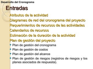 Desarrollo del Cronograma

Entradas
Atributos de la actividad
Diagramas de red del cronograma del proyecto
Requerimientos de recursos de las actividades
Calendarios de recursos
Estimación de la duración de la actividad
Plan de gestión del proyecto
 Plan

de gestión del cronograma
 Plan de gestión de costos
 Plan de gestión del alcance
 Plan de gestión de riesgos (registros de riesgos y los
planes asociados de respuesta).

 