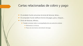 Cartas relacionadas de cobro y pago
 El vendedor ha de comunicar el envía de facturas, letras….
 El comprador ha de notificar el envío de pagos, giros, cheques…
 Envío de facturas, efectos…
 Pueden enviarse solos o acompañados de una carta de cortesía:
 Refiriéndose a la factura
 Plazos de vencimiento, domiciliación del pago
 