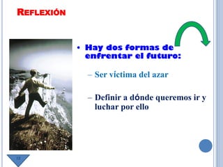 REFLEXIÓN
• Hay dos formas de
enfrentar el futuro:
– Ser víctima del azar
– Definir a dónde queremos ir y
luchar por ello
12
 