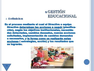  Definicion
 GESTIÓN
EDUCACIONAL
Es el proceso mediante el cual el Directivo o equipo
Directivo determinan las acciones a seguir (planifica-
ción), según los objetivos institucionales, necesida-
des detectadas, cambios deseados, nuevas acciones
solicitadas, implementación de cambios demandos
o necesarios, y la forma como se realizarán estas
acciones ( estrategias, acción) y los resultados que
se lograrán.
19
 
