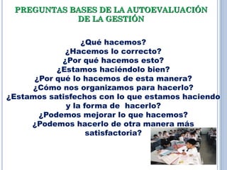 ¿Qué hacemos?
¿Hacemos lo correcto?
¿Por qué hacemos esto?
¿Estamos haciéndolo bien?
¿Por qué lo hacemos de esta manera?
¿Cómo nos organizamos para hacerlo?
¿Estamos satisfechos con lo que estamos haciendo
y la forma de hacerlo?
¿Podemos mejorar lo que hacemos?
¿Podemos hacerlo de otra manera más
satisfactoria?
PREGUNTAS BASES DE LA AUTOEVALUACIÓN
DE LA GESTIÓN
 