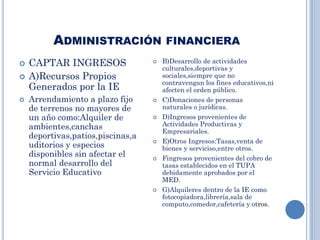 ADMINISTRACIÓN FINANCIERA
 CAPTAR INGRESOS
 A)Recursos Propios
Generados por la IE
 Arrendamiento a plazo fijo
de terrenos no mayores de
un año como:Alquiler de
ambientes,canchas
deportivas,patios,piscinas,a
uditorios y especios
disponibles sin afectar el
normal desarrollo del
Servicio Educativo
 B)Desarrollo de actividades
culturales,deportivas y
sociales,siempre que no
contravengan los fines educativos,ni
afecten el orden público.
 C)Donaciones de personas
naturales o jurídicas.
 D)Ingresos provenientes de
Actividades Productivas y
Empresariales.
 E)Otros Ingresos:Tasas,venta de
bienes y serviciso,entre otros.
 Fingresos provenientes del cobro de
tasas establecidos en el TUPA
debidamente aprobados por el
MED.
 G)Alquileres dentro de la IE como
fotocopiadora,librería,sala de
computo,comedor,cafetería y otros.
 
