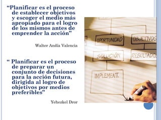 “Planificar es el proceso
de establecer objetivos
y escoger el medio más
apropiado para el logro
de los mismos antes de
emprender la acción”
Walter Andía Valencia
“ Planificar es el proceso
de preparar un
conjunto de decisiones
para la acción futura,
dirigida al logro de
objetivos por medios
preferibles”
Yehezkel Dror
 