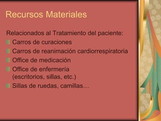 Recursos Materiales
Relacionados al Tratamiento del paciente:
 Carros de curaciones
 Carros de reanimación cardiorrespiratoria
 Office de medicación
 Office de enfermería
 (escritorios, sillas, etc.)
 Sillas de ruedas, camillas…
 