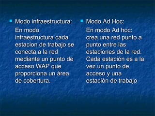  Modo infraestructura:Modo infraestructura:
En modoEn modo
infraestructura cadainfraestructura cada
estacion de trabajo seestacion de trabajo se
conecta a la redconecta a la red
mediante un punto demediante un punto de
acceso WAP queacceso WAP que
proporciona un áreaproporciona un área
de cobertura.de cobertura.
 Modo Ad Hoc:Modo Ad Hoc:
En modo Ad hoc:En modo Ad hoc:
crea una red punto acrea una red punto a
punto entre laspunto entre las
estaciones de la red.estaciones de la red.
Cada estación es a laCada estación es a la
vez un punto devez un punto de
acceso y unaacceso y una
estación de trabajoestación de trabajo
 