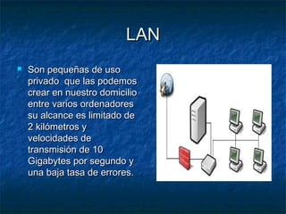 LANLAN
 Son pequeñas de usoSon pequeñas de uso
privado que las podemosprivado que las podemos
crear en nuestro domiciliocrear en nuestro domicilio
entre varios ordenadoresentre varios ordenadores
su alcance es limitado desu alcance es limitado de
2 kilómetros y2 kilómetros y
velocidades develocidades de
transmisión de 10transmisión de 10
Gigabytes por segundo yGigabytes por segundo y
una baja tasa de errores.una baja tasa de errores.
 