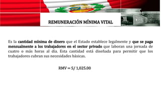 REMUNERACIÓN MÍNIMA VITAL
Es la cantidad mínima de dinero que el Estado establece legalmente y que se paga
mensualmente a los trabajadores en el sector privado que laboran una jornada de
cuatro o más horas al día. Esta cantidad está diseñada para permitir que los
trabajadores cubran sus necesidades básicas.
RMV = S/ 1,025.00
 