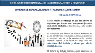 JORNADA DE TRABAJO, HORARIO Y TRABAJO EN SOBRETIEMPO
JORNADA NOCTURNA
En los centros de trabajo en que las labores se
organicen por turnos que comprenda jornadas
en horario nocturno, éstos deberán, en lo posible,
ser rotativos.
El trabajador que labora en horario nocturno no
podrá percibir una remuneración semanal, quincenal
o mensual inferior a la remuneración mínima
mensual vigente a la fecha de pago con una
sobretasa del treinta y cinco por ciento
(35%) de ésta.
El horario de trabajo nocturno como aquel que se
REGULACIÓN GUBERNAMENTAL DE LAS COMPENSACIONES Y BENEFICIOS
 