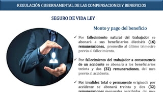  Por fallecimiento natural del trabajador se
abonará a sus beneficiarios dieciséis (16)
remuneraciones, promedio al último trimestre
previo al fallecimiento.
 Por fallecimiento del trabajador a consecuencia
de un accidente se abonará a los beneficiarios
treinta y dos (32) remuneraciones, del mes
previo al accidente.
 Por invalidez total o permanente originada por
accidente se abonará treinta y dos (32)
Monto y pago del beneficio
SEGURO DE VIDA LEY
REGULACIÓN GUBERNAMENTAL DE LAS COMPENSACIONES Y BENEFICIOS
 