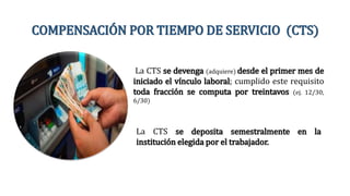 COMPENSACIÓN POR TIEMPO DE SERVICIO (CTS)
La CTS se devenga (adquiere) desde el primer mes de
iniciado el vínculo laboral; cumplido este requisito
toda fracción se computa por treintavos (ej. 12/30,
6/30)
La CTS se deposita semestralmente en la
institución elegida por el trabajador.
 