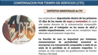 Los empleadores depositarán dentro de los primeros
15 días de los meses de mayo y noviembre de cada
año tantos dozavos de la remuneración computable
percibida por el trabajador en los meses de abril y
octubre respectivamente, como meses completos haya
laborado en el semestre respectivo.
La fracción de mes se depositará por treintavos.
remuneraciones de periodicidad semestral se
incorporan a la remuneración computable a razón de un
sexto de lo percibido en el semestre respectivo. Se
incluye en este concepto las gratificaciones de Fiestas
Patrias y Navidad.
COMPENSACION POR TIEMPO DE SERVICIOS (CTS)
DEPÓSITOS SEMESTRALES de CTS
 