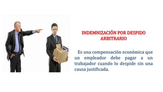 INDEMNIZACIÓN POR DESPIDO
ARBITRARIO
Es una compensación económica que
un empleador debe pagar a un
trabajador cuando lo despide sin una
causa justificada.
 