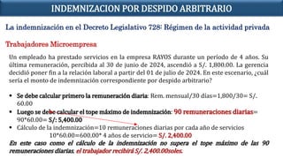 La indemnización en el Decreto Legislativo 728: Régimen de la actividad privada
Trabajadores Microempresa
Un empleado ha prestado servicios en la empresa RAYOS durante un período de 4 años. Su
última remuneración, percibida al 30 de junio de 2024, ascendió a S/. 1,800.00. La gerencia
decidió poner fin a la relación laboral a partir del 01 de julio de 2024. En este escenario, ¿cuál
sería el monto de indemnización correspondiente por despido arbitrario?
 Se debe calcular primero la remuneración diaria: Rem. mensual/30 días=1,800/30= S/.
60.00
 Luego se debe calcular el tope máximo de indemnización: 90 remuneraciones diarias=
90*60.00= S/: 5,400.00
 Cálculo de la indemnización=10 remuneraciones diarias por cada año de servicios
10*60.00=600.00* 4 años de servicio= S/. 2,400.00
En este caso como el cálculo de la indemnización no supera el tope máximo de las 90
remuneraciones diarias, el trabajador recibirá S/. 2,400.00soles.
INDEMNIZACION POR DESPIDO ARBITRARIO
 
