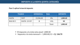 Paso 3: aplicar la tasa de impuesto
TRAMOS DIFERENCIA TASA IMPUESTO
HASTA 5UIT 23,506.00 8% 1,880.48
MAS DE 5 HASTA 20 UIT 0 14% 00
Total: 1,880.48
 El impuesto a la renta neta anual: 1,880.48
 Impuesto a la renta mensual = 1,800.48/12 = S/. 166.70
IMPUESTO A LA RENTA QUINTA CATEGORÍA
 