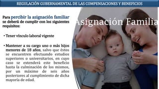 Para percibir la asignación familiar
se deberá de cumplir con los siguientes
requisitos:
• Tener vínculo laboral vigente
• Mantener a su cargo uno o más hijos
menores de 18 años, salvo que éstos
se encuentren efectuando estudios
superiores o universitarios, en cuyo
caso se extenderá este beneficio
hasta la culminación de los mismos,
por un máximo de seis años
posteriores al cumplimiento de dicha
mayoría de edad.
REGULACIÓN GUBERNAMENTAL DE LAS COMPENSACIONES Y BENEFICIOS
 