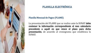 PLANILLA ELECTRÓNICA
Planilla Mensual de Pagos (PLAME)
La presentación del PLAME que se realice ante la SUNAT debe
contener la información correspondiente al mes calendario
precedente a aquél en que vence el plazo para dicha
presentación, de acuerdo al cronograma que establezca la
SUNAT.
 