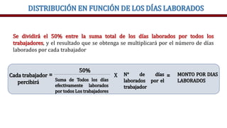 DISTRIBUCIÓN EN FUNCIÓN DE LOS DÍAS LABORADOS
Se dividirá el 50% entre la suma total de los días laborados por todos los
trabajadores, y el resultado que se obtenga se multiplicará por el número de días
laborados por cada trabajador
Cada trabajador
percibirá
50%
Suma de Todos los días
efectivamente laborados
por todos Los trabajadores
X N° de días
laborados por el
trabajador
MONTO POR DIAS
LABORADOS
= =
 