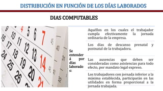 DISTRIBUCIÓN EN FUNCIÓN DE LOS DÍAS LABORADOS
DIAS COMPUTABLES
Se
entender
á por
días
laborado
s:
Aquéllos en los cuales el trabajador
cumpla efectivamente la jornada
ordinaria de la empresa.
Los días de descanso prenatal y
postnatal de la trabajadora.
Las ausencias que deben ser
consideradas como asistencias para todo
efecto, por mandato legal expreso.
Los trabajadores con jornada inferior a la
máxima establecida, participarán en las
utilidades en forma proporcional a la
jornada trabajada.
 