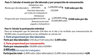 Paso 3: Calcular el monto por día laborado y por proporción de remuneración
Monto por día laborado=
Proporción por remuneración =
1,200,000 soles
125,000
= 9.60 soles por día
1,200,000 soles
=
25,000,000 soles
0.048 soles por día
Paso 4: Calcular la participación individual
Para un trabajador que ha laborado 250 días en el año y ha recibido una remuneración de
50,000 soles, la participación en las utilidades se calcula así:
1. Parte proporcional por días laborados:
Parte por días laborados=250 días×9.60 soles/día=2,400 soles
2. Parte proporcional por remuneración:
Parte por remuneración=50,000 soles×0.048=
2,400 soles
3. Participación total del trabajador:
Participación total=2,400 soles (días laborados)+2,400 soles (remuneración)=4,80
Utilidad por días
laborados
Total días laborados
por todos los trabajadores
Utilidad por
remuneración
Remuneración total
pagada a trabajadores
=
=
 