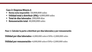 Paso 1: Calcular la parte a distribuir por días laborados y por remuneración
Utilidad por días laborados=4,000,000 soles×50%=2,000,000 soles
Utilidad por remuneración=4,000,000 soles×50%=2,000,000 soles
Caso 2: Empresa Minera A
 Renta neta imponible: 50,000,000 soles
 Utilidad total a distribuir (8%): 4,000,000 soles
 Total de días laborados: 200,000 días
 Remuneración total: 40,000,000 soles
 