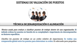 SISTEMAS DE VALUACIÓN DE PUESTOS
Técnica usada para evaluar y clasificar puestos de trabajo dentro de una organización. El
método ordena los puestos en función de su complejidad e importancia sin descomponerlos
en factores específicos.
Clasifica los puestos de trabajo en un orden relativo de importancia. Se realiza una
comparación global entre los puestos para determinar su orden. Es adecuado para pequeñas
TÉCNICA DE JERARQUIZACIÓN O ALINEACIÓN
 
